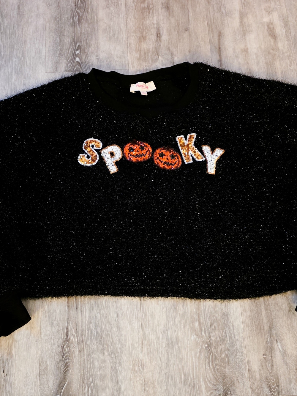 Peach Love California Spooky Sequin Pumpkin Halloween Fuzzy Sweater L